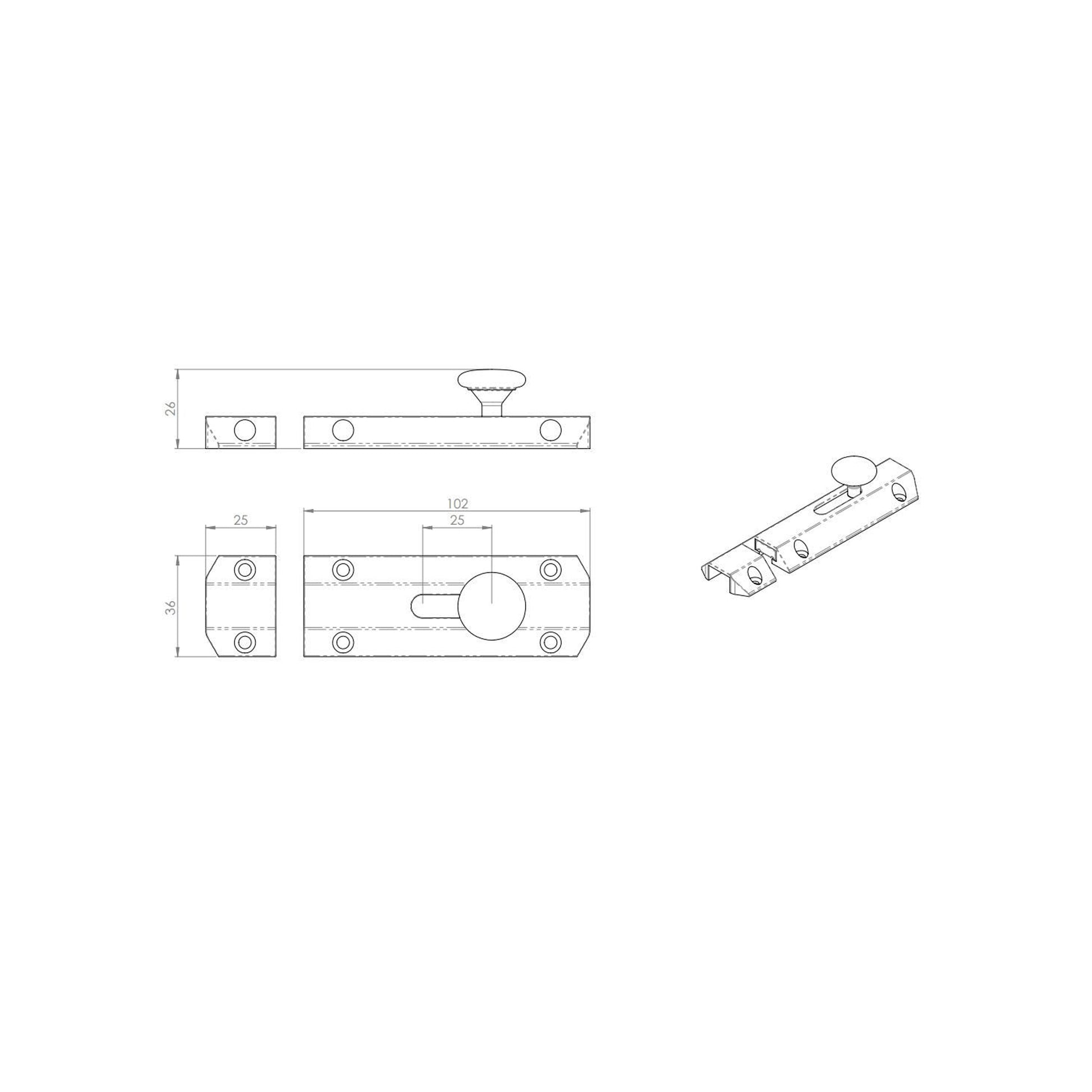 Technical drawing of a 4" (102mnm) Surface Bolt on a white background.