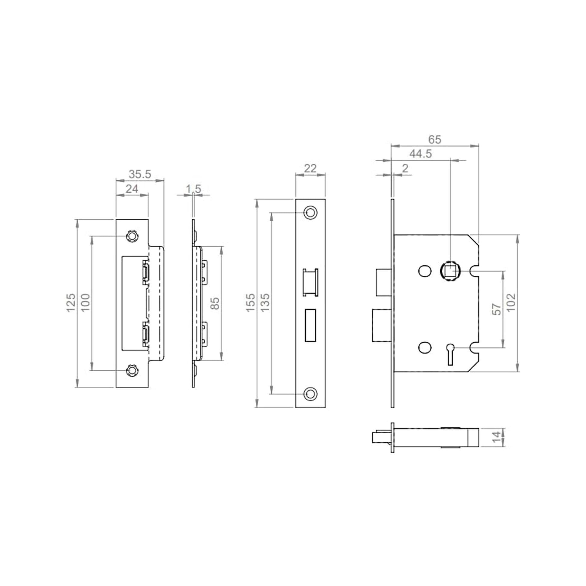 Technical drawing of a 3 65mm Lever Door Lock on a white background with dimensions.