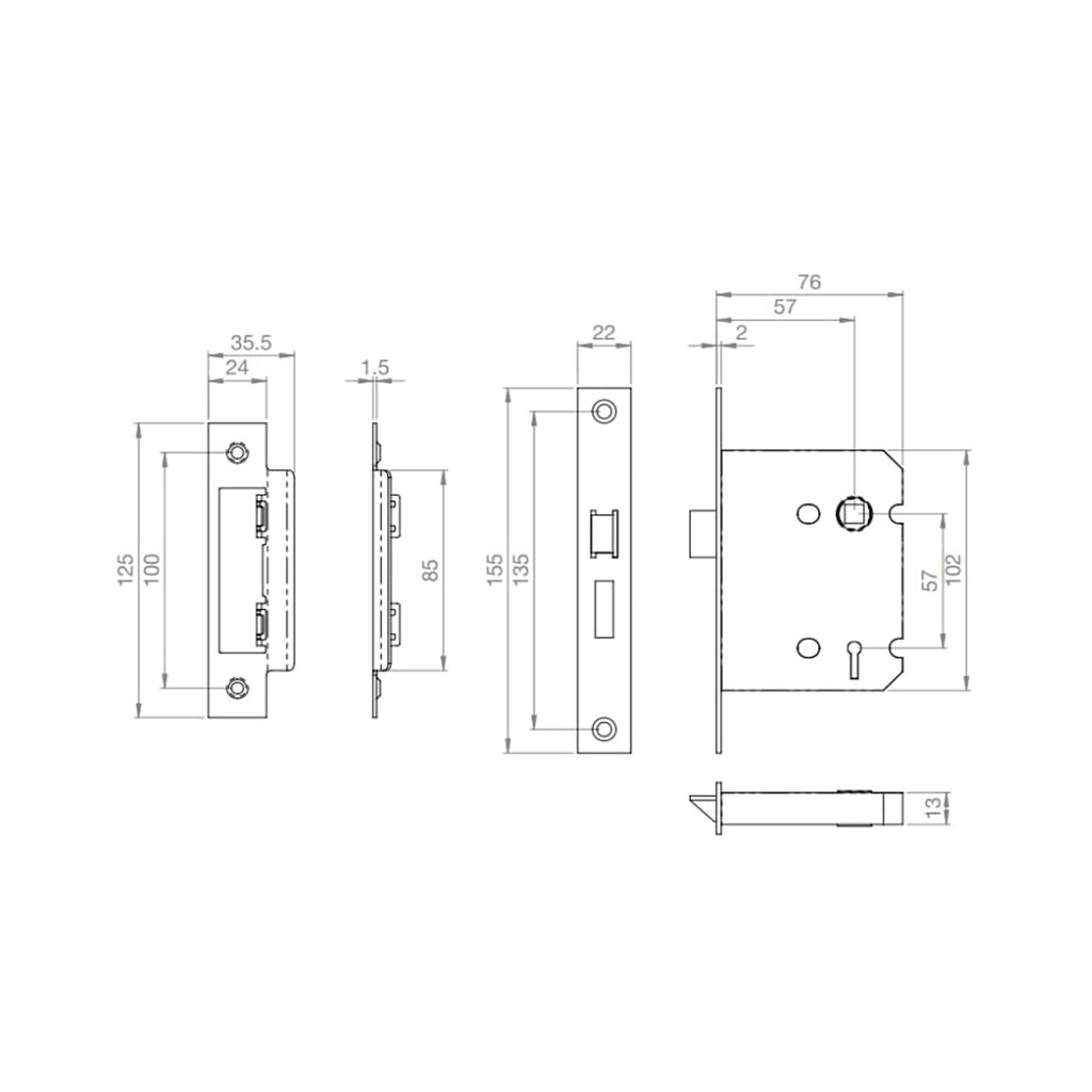 Technical drawing of a 76mm 3 Lever Door Lock on a white background with dimensions.
