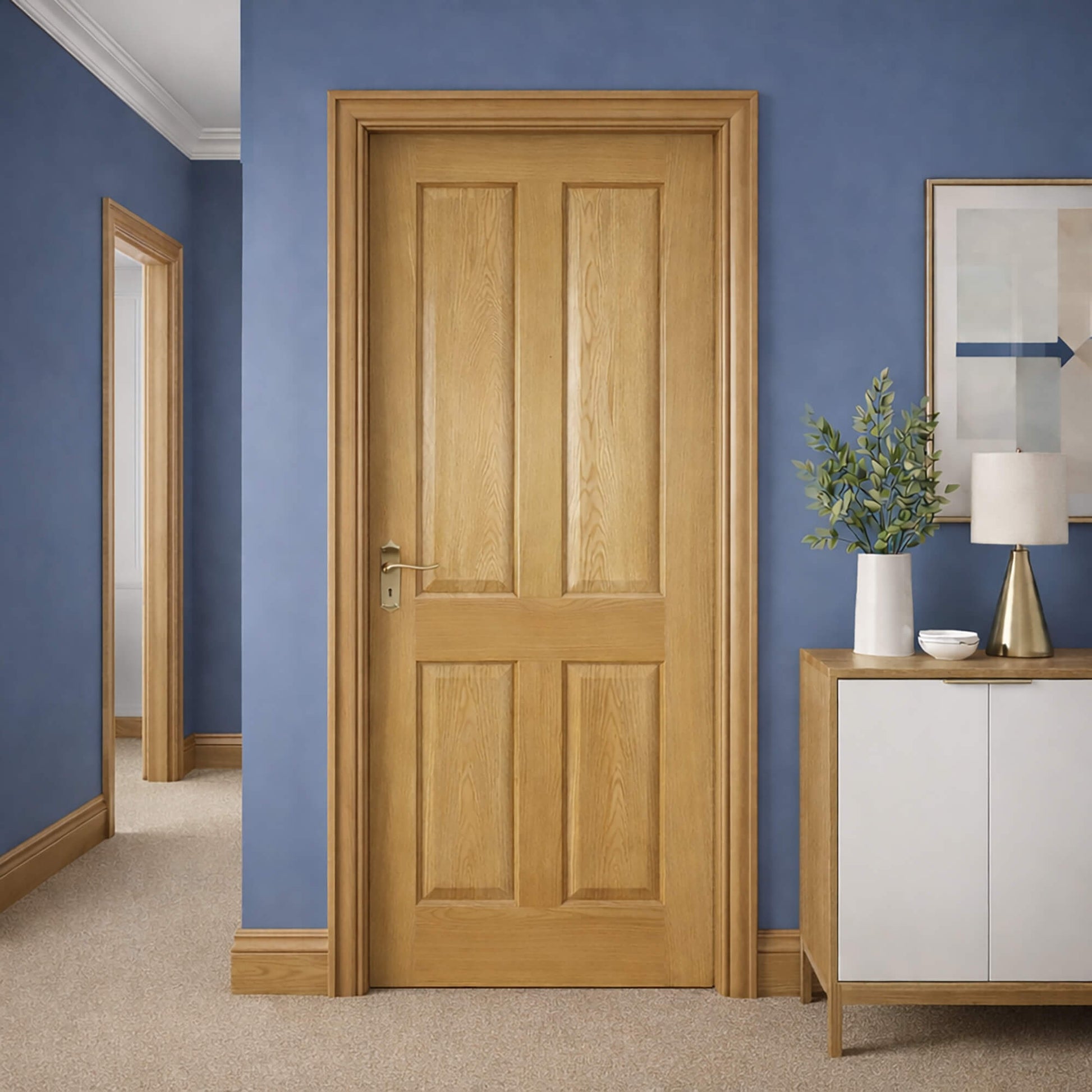 A 4 Panel White Oak Internal Fire Door in a home interior setting