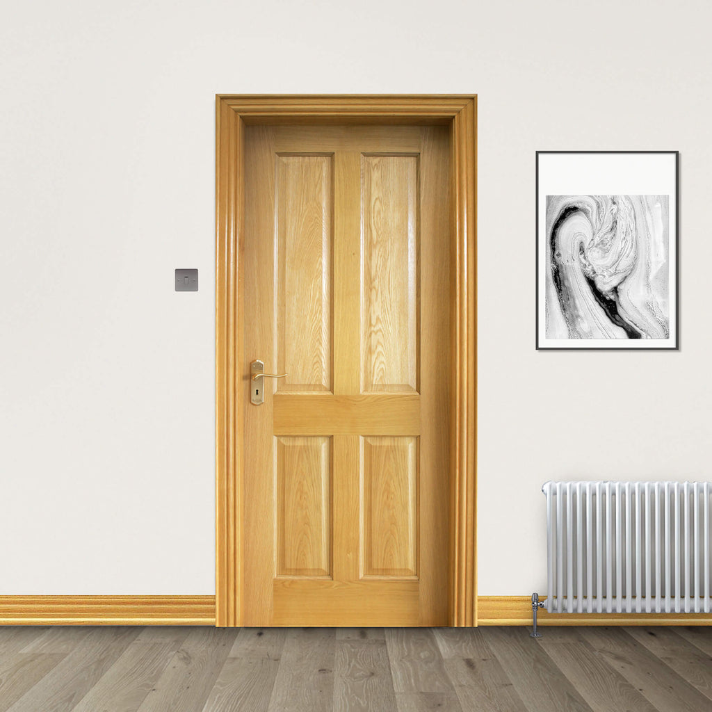 A 4 Panel White Oak FD30 44mm Internal Fire Door in a home interior setting