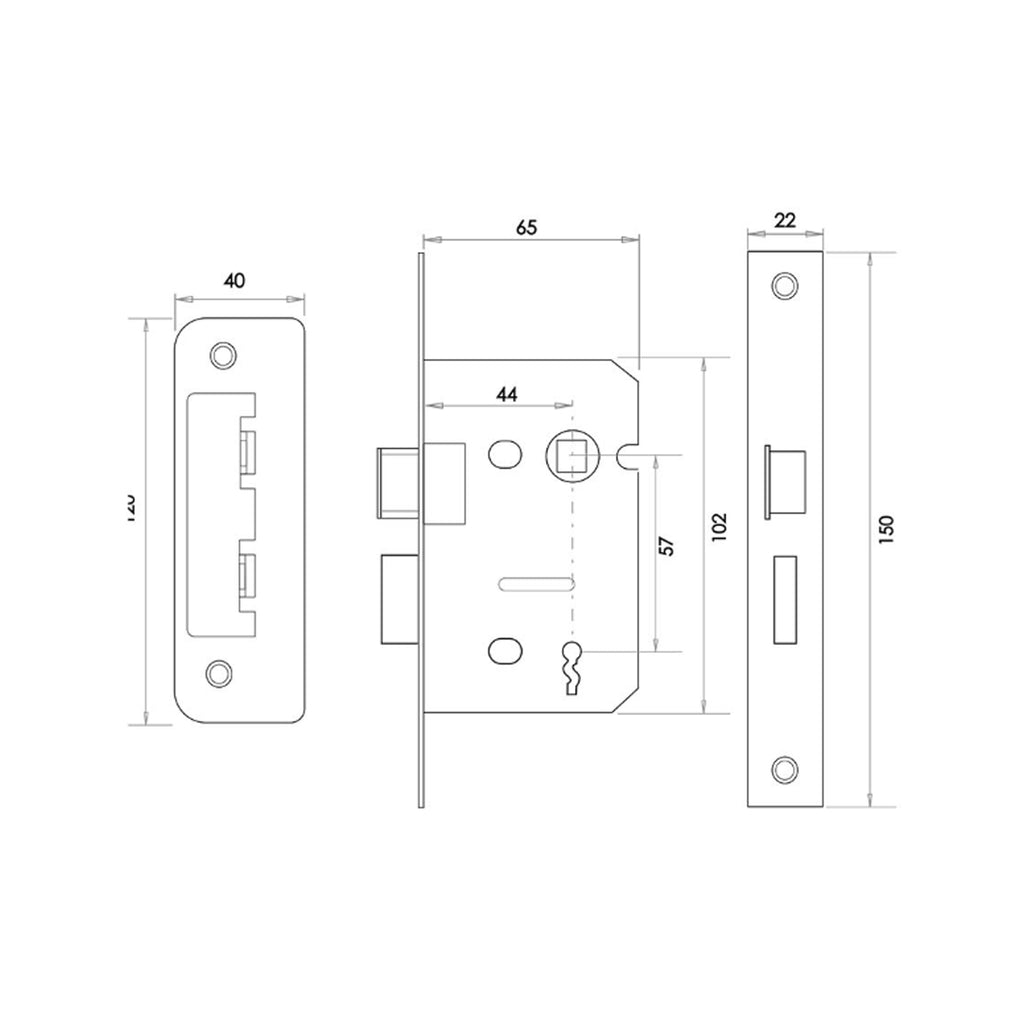 Technical drawing of a 65mm 3 Lever Lock