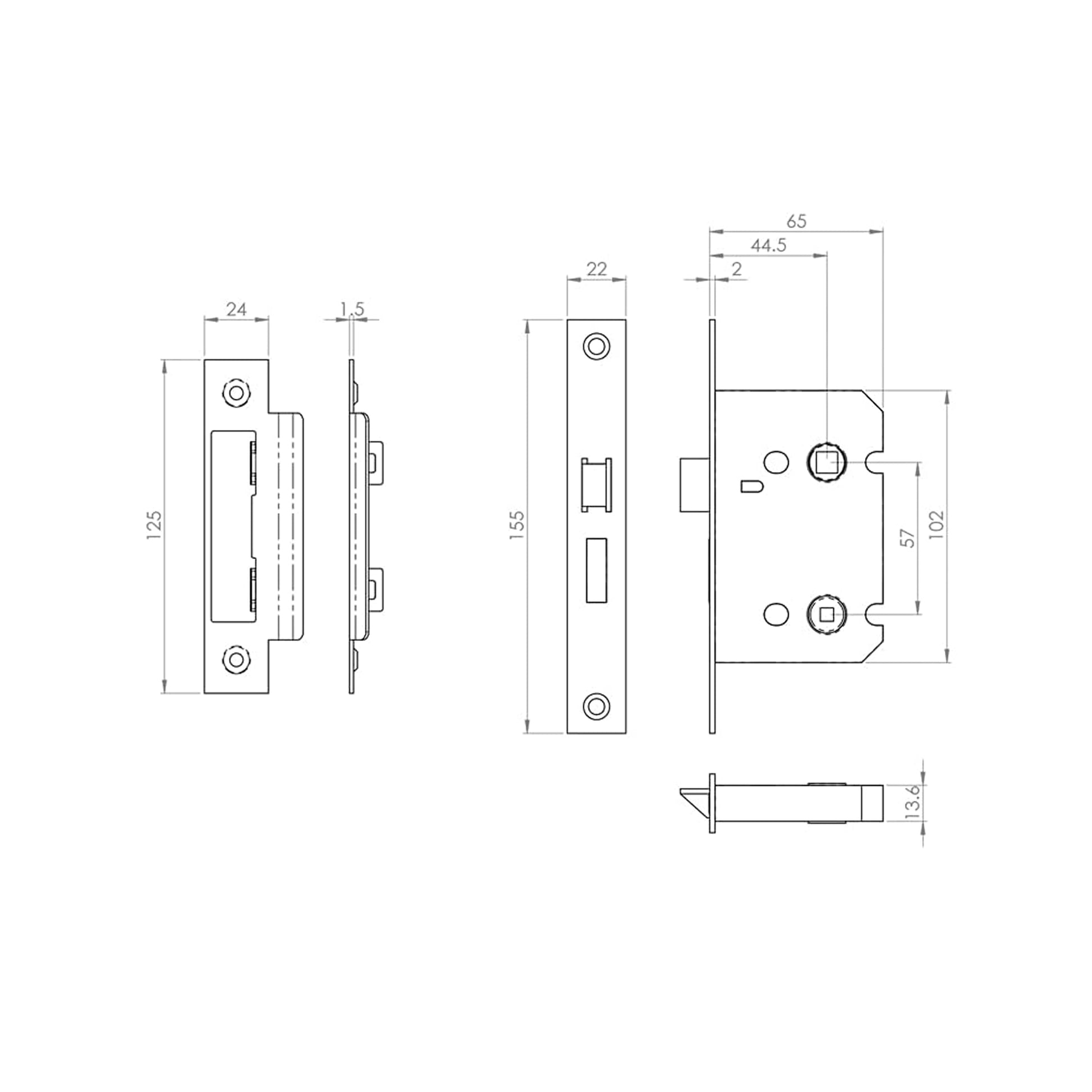 Technical drawing of a 65mm WC Bathroom Lock mechanism on a white background.