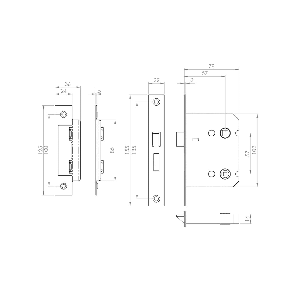 Technical drawing of a 78mm WC Bathroom Lock mechanism on a white background.