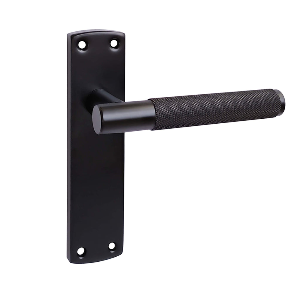 Knurled E-BLACK latch backplate door handle on a white background