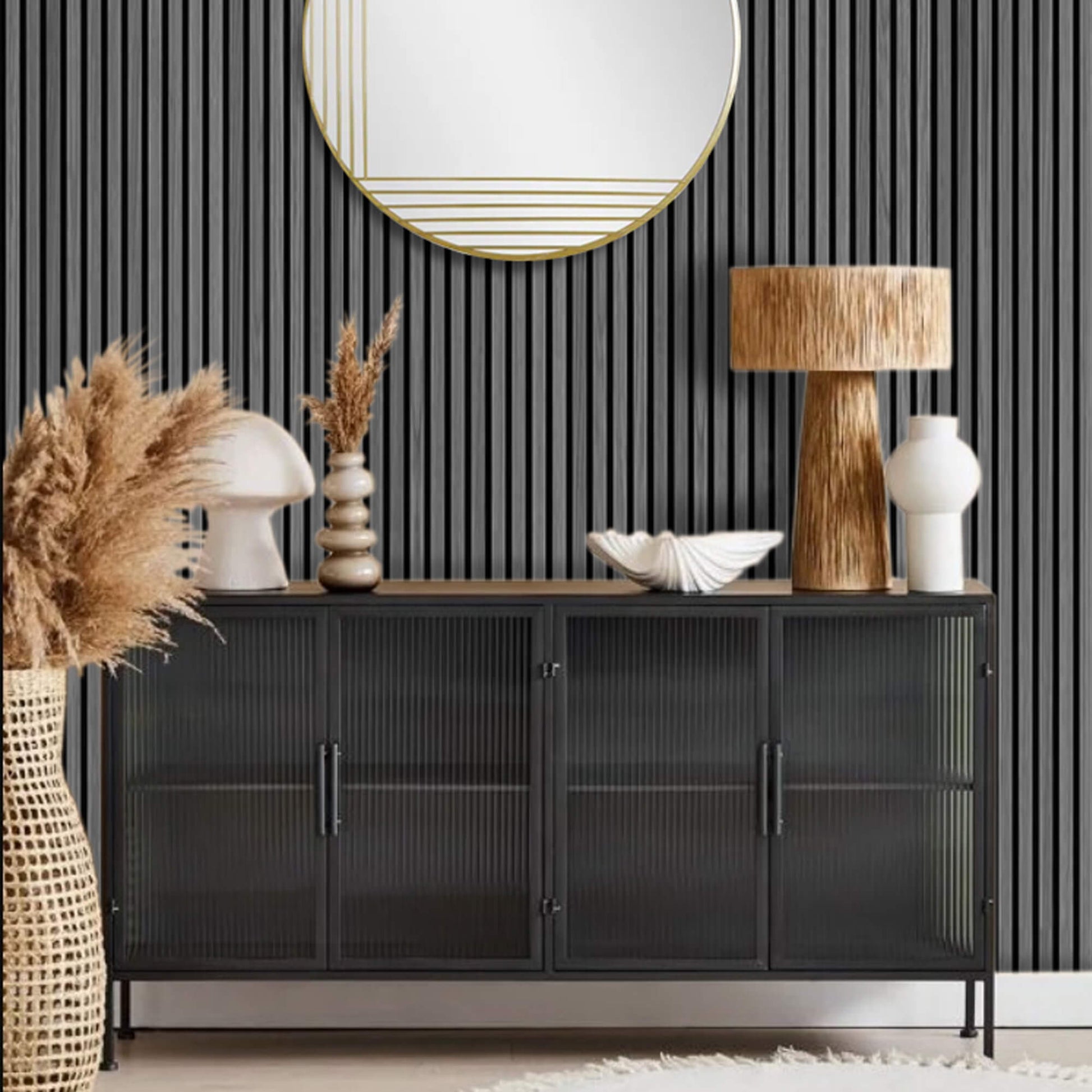 Black sideboard with decorative items against wall with Grey Acoustic Slatwall