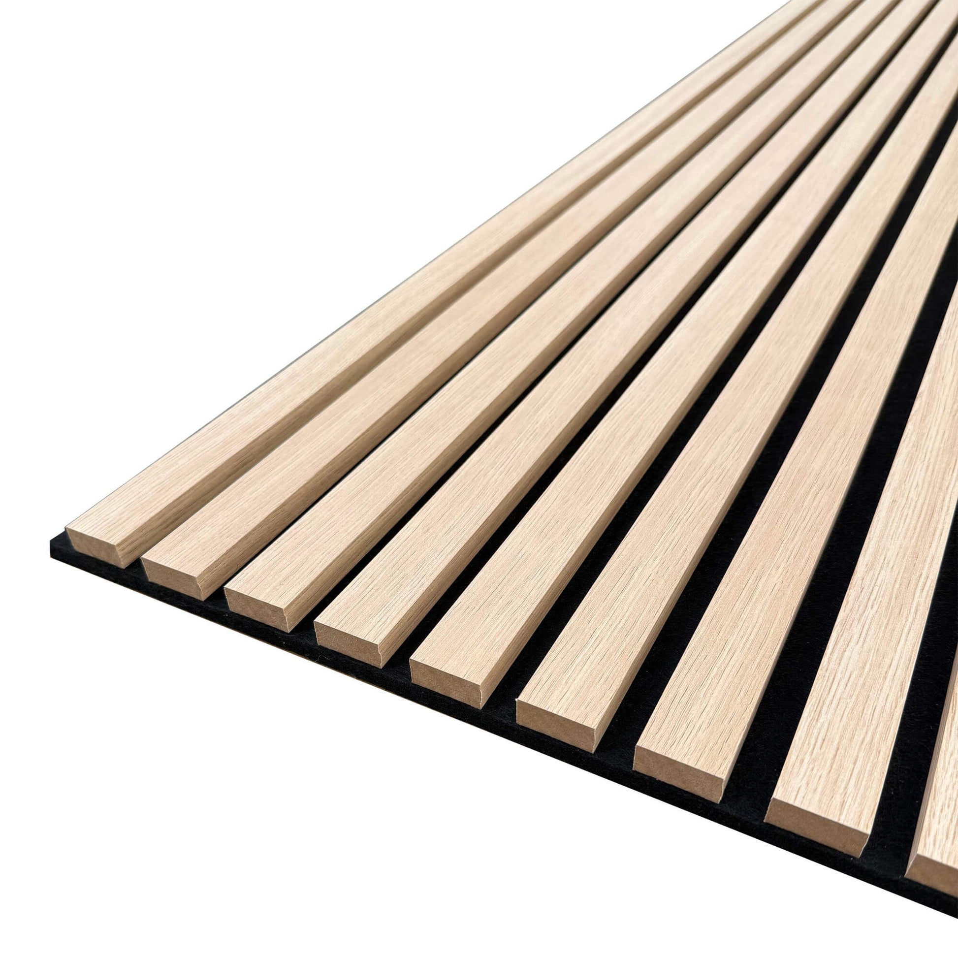 Close-up of the White Stained Oak slatwall wooden slats on a white background.