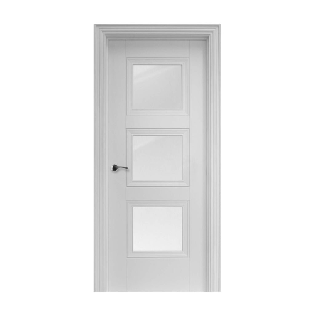 An Amsterdam White Primed 3 Lite Pre-Glazed Door on a white background