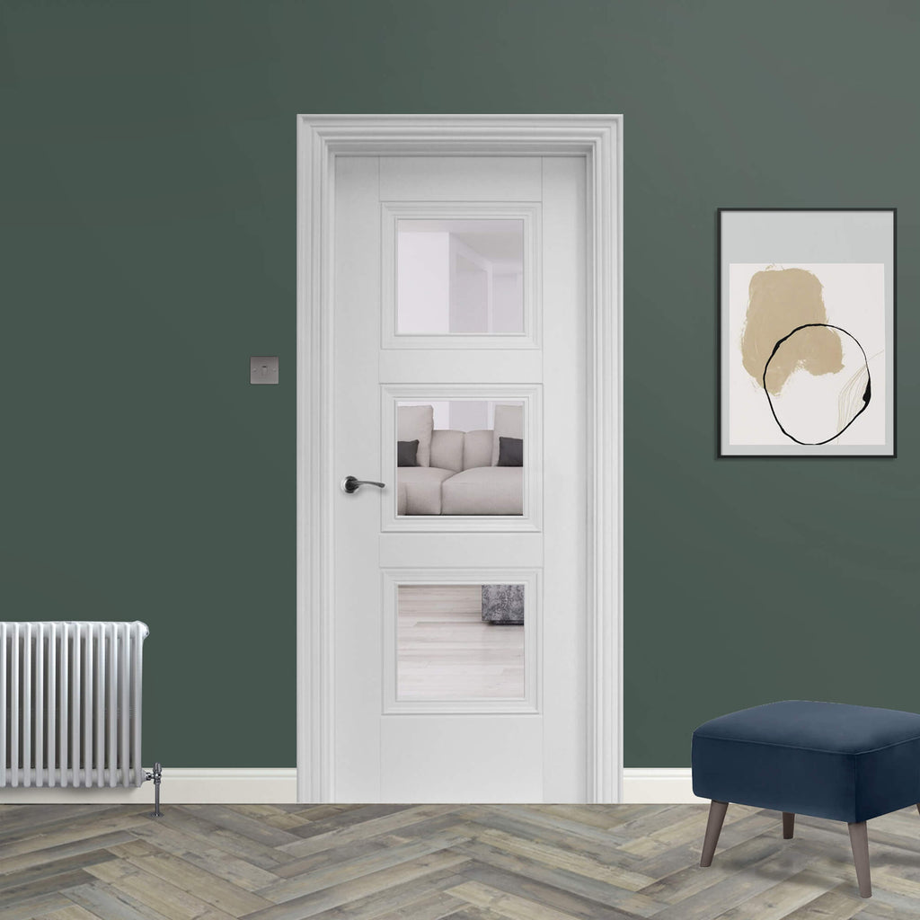 An Amsterdam White Primed 3 Lite Pre-Glazed 40mm Internal Door in a home interior setting.