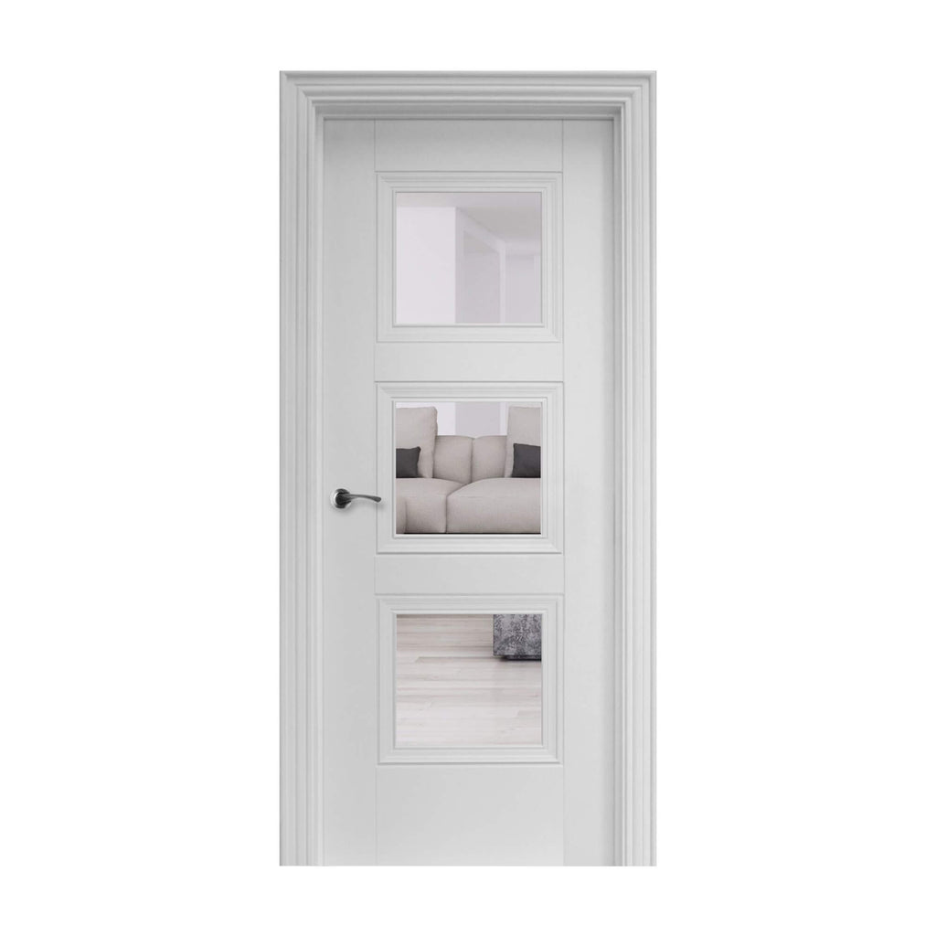 An Amsterdam White Primed 3 Lite Pre-Glazed 40mm Internal Door on a white background.