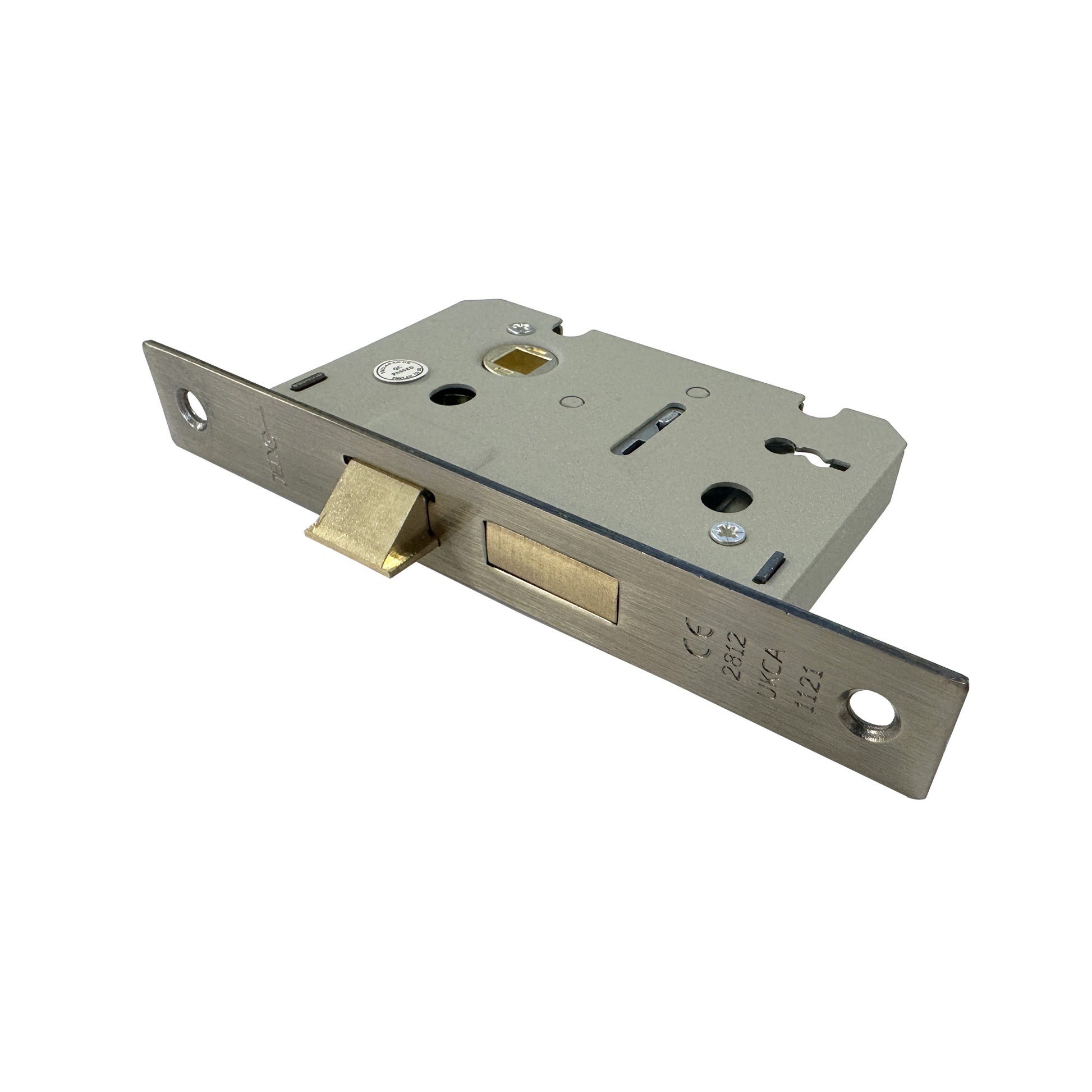 Angled view of a Antique Brass 3 Lever Lock on a white background.