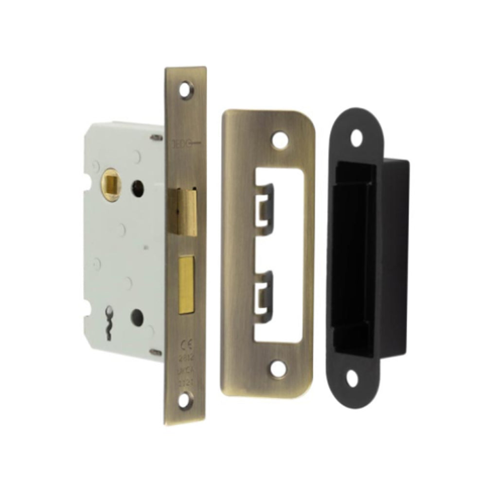 Antique Brass 3 Lever Lock components on a white background.
