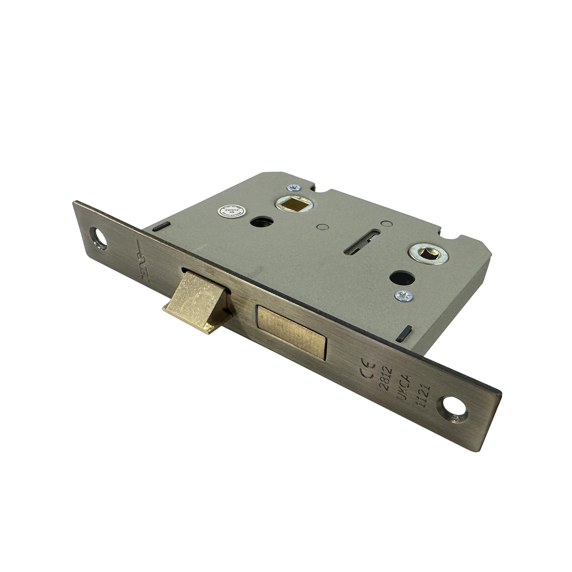 Angled view of the front of an Antique Brass WC Bathroom Lock on a white background.