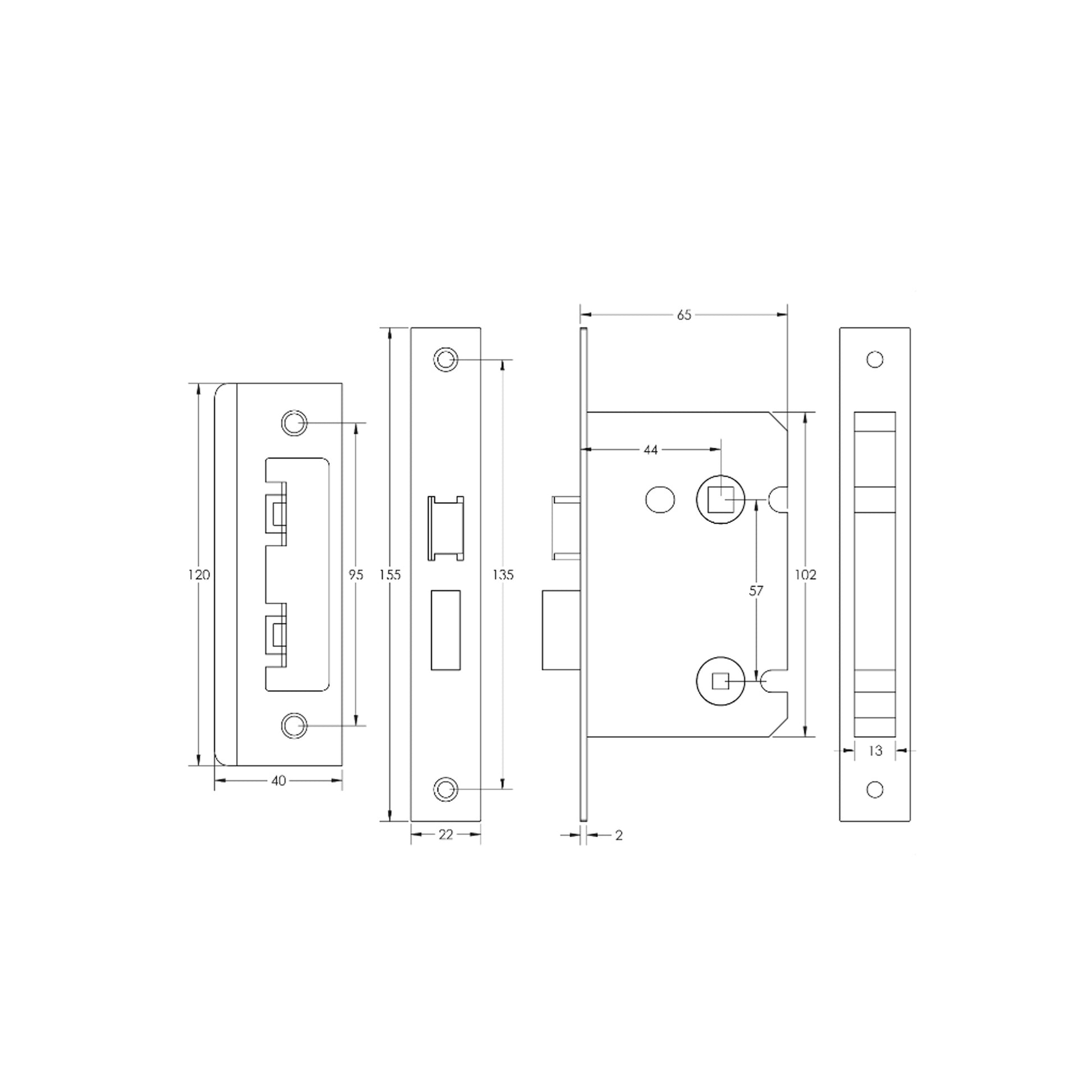 Technical drawing of a 65mm WC Bathroom Lock