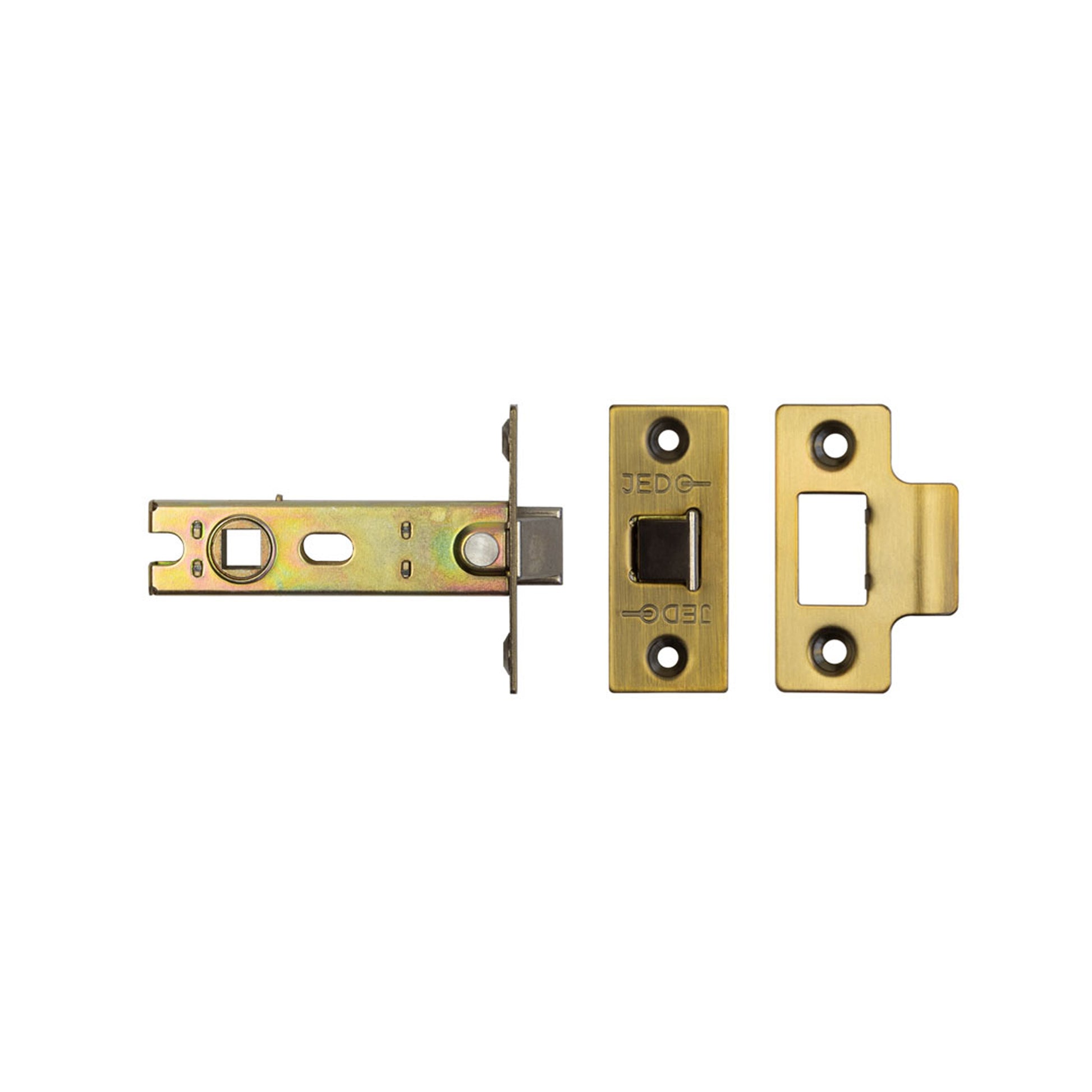 View of the components of a Antique Brass Tubular Latch on a white background.