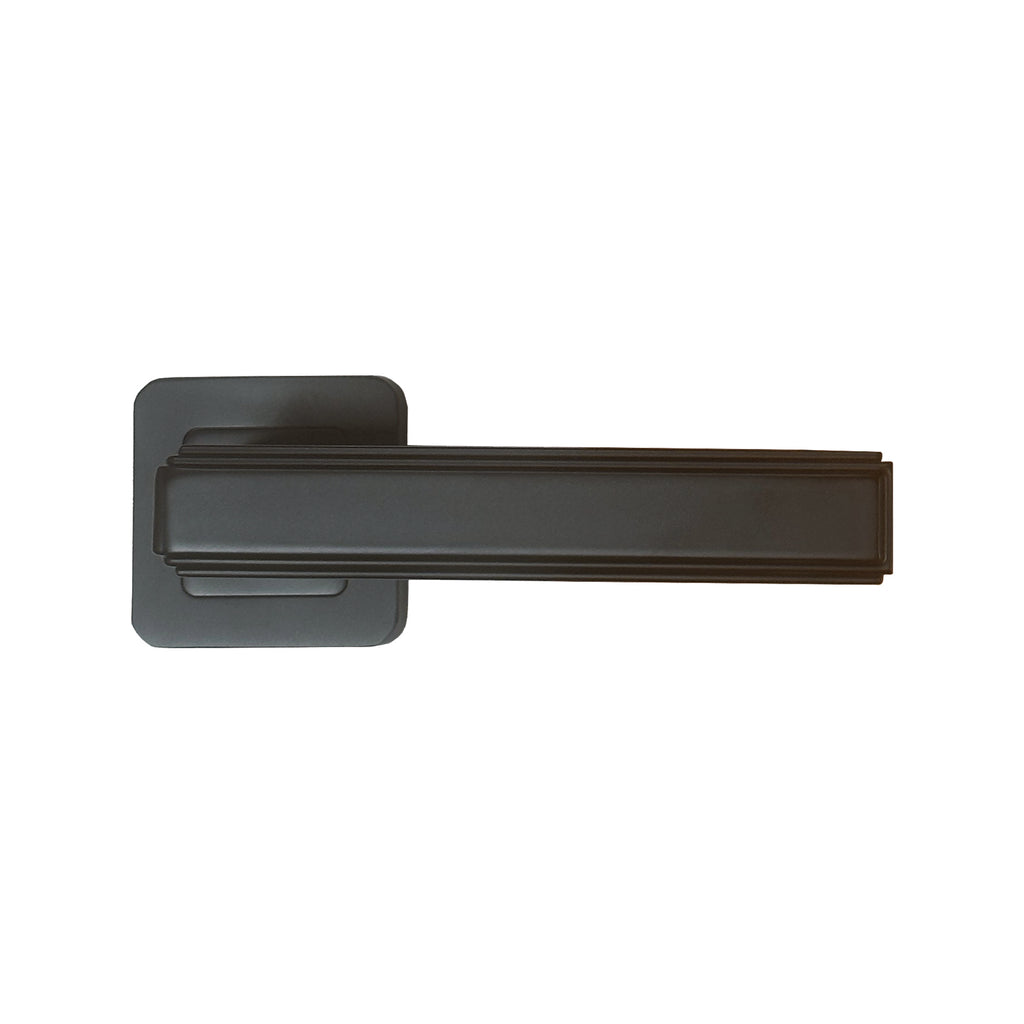 A front view of an Ares Flat Black Square Rose door handle on a white background