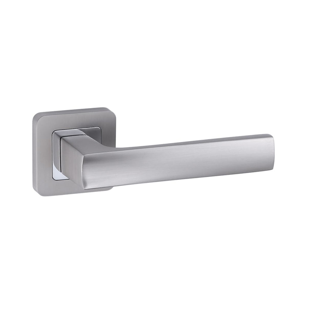 An Artemis Matt Satin Nickel & Polished Chrome Square Rose door handle on a white background