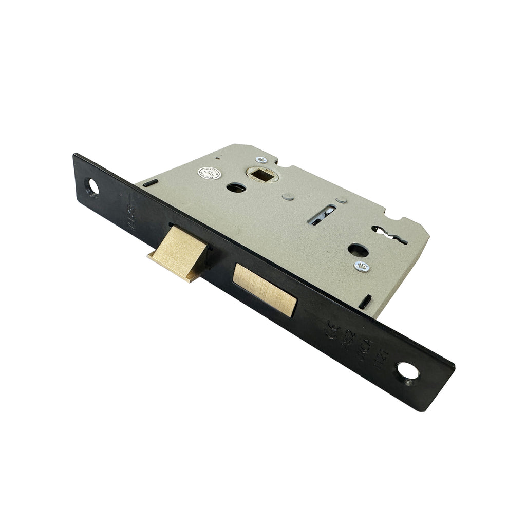 Angled view of the front of a Black 3 Lever Lock on a white background.