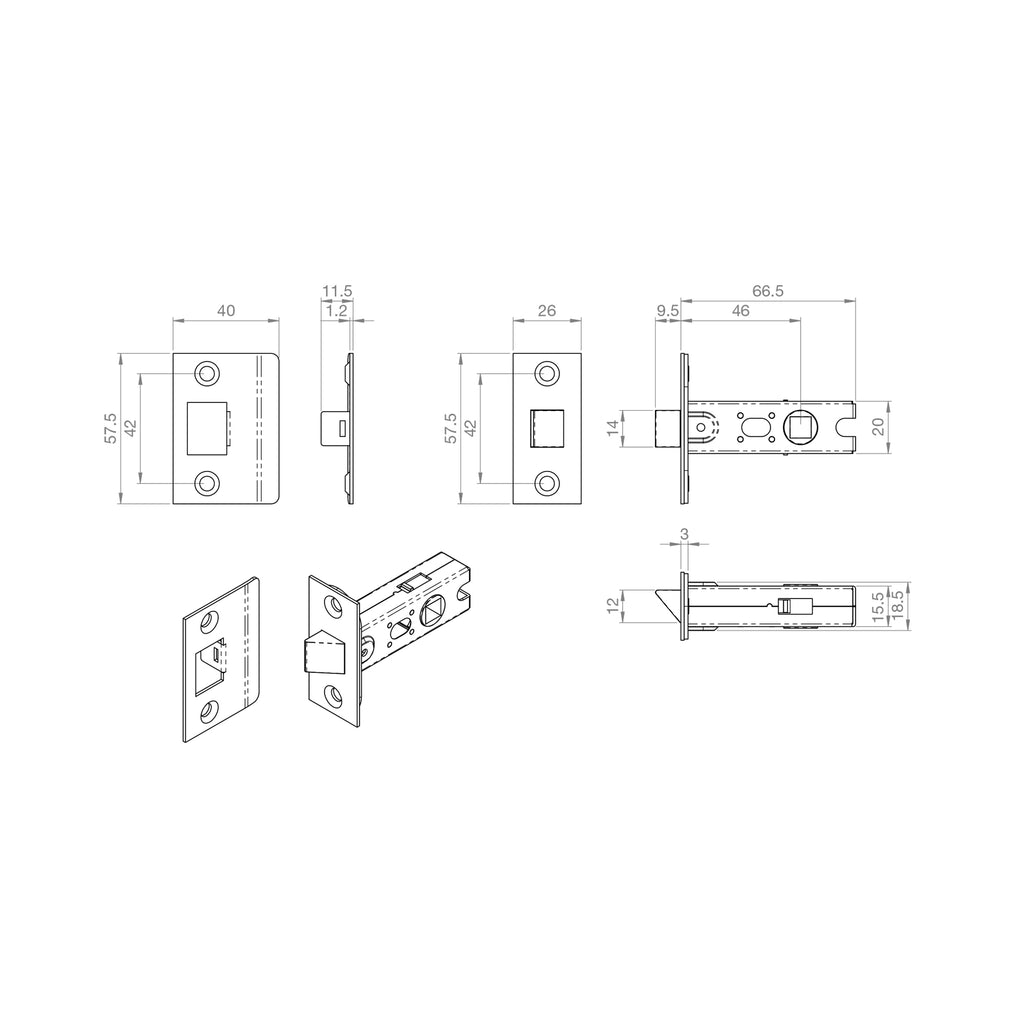Technical drawing of a 64mm Black Bolt Through Tubular Latch on a white background.