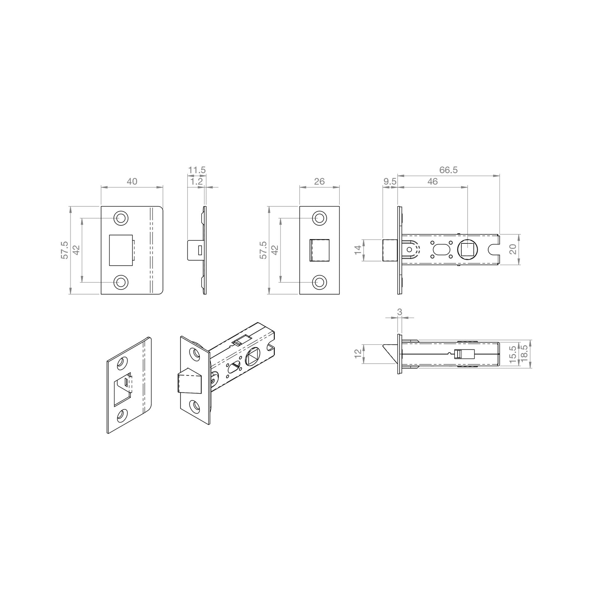 Technical drawing of a 64mm Black Bolt Through Tubular Latch on a white background.