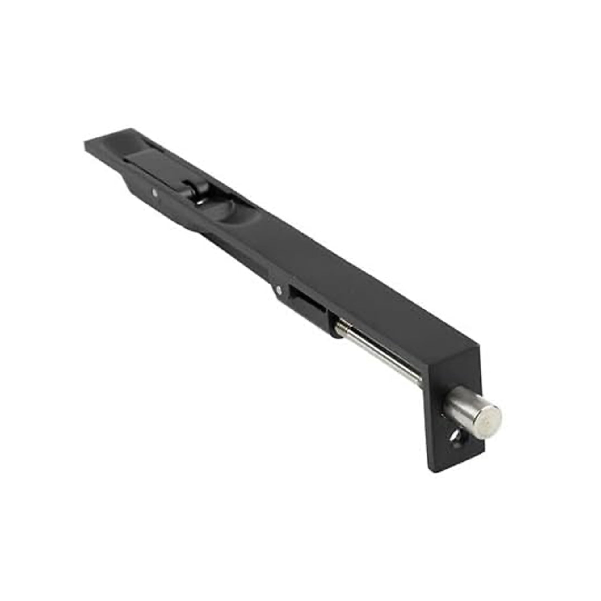 Angled view of a Black 6" Flush Bolt on a white background.