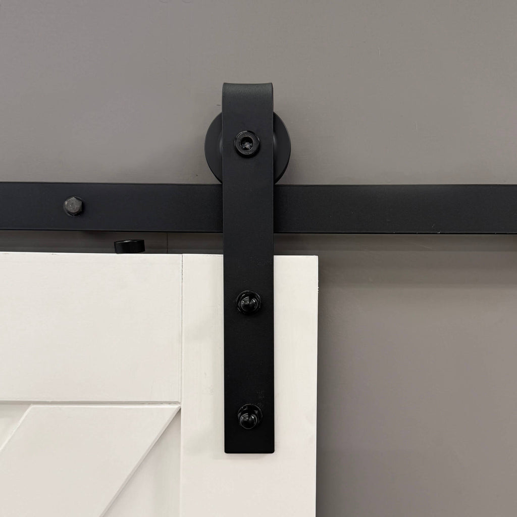 Front view of the Black Barn Door Track top mechanism