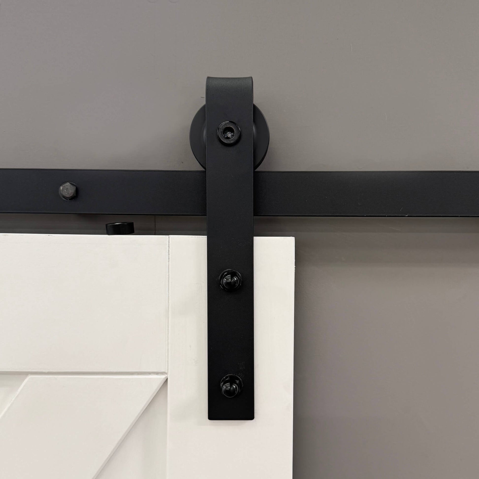 Front view of the Black Barn Door Track top mechanism