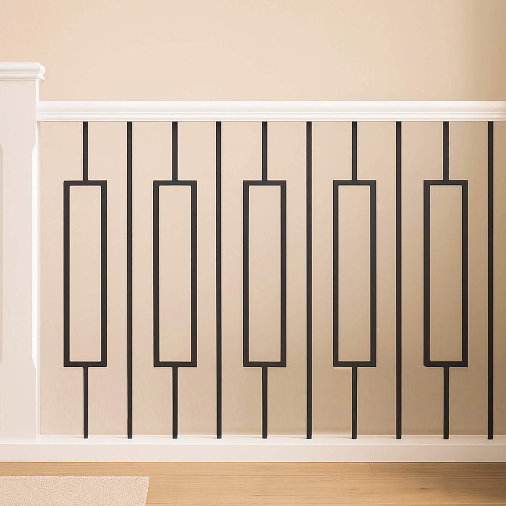 Black Rectangle Spindles with a white primed baseball, handrail and newel post on a home landing.