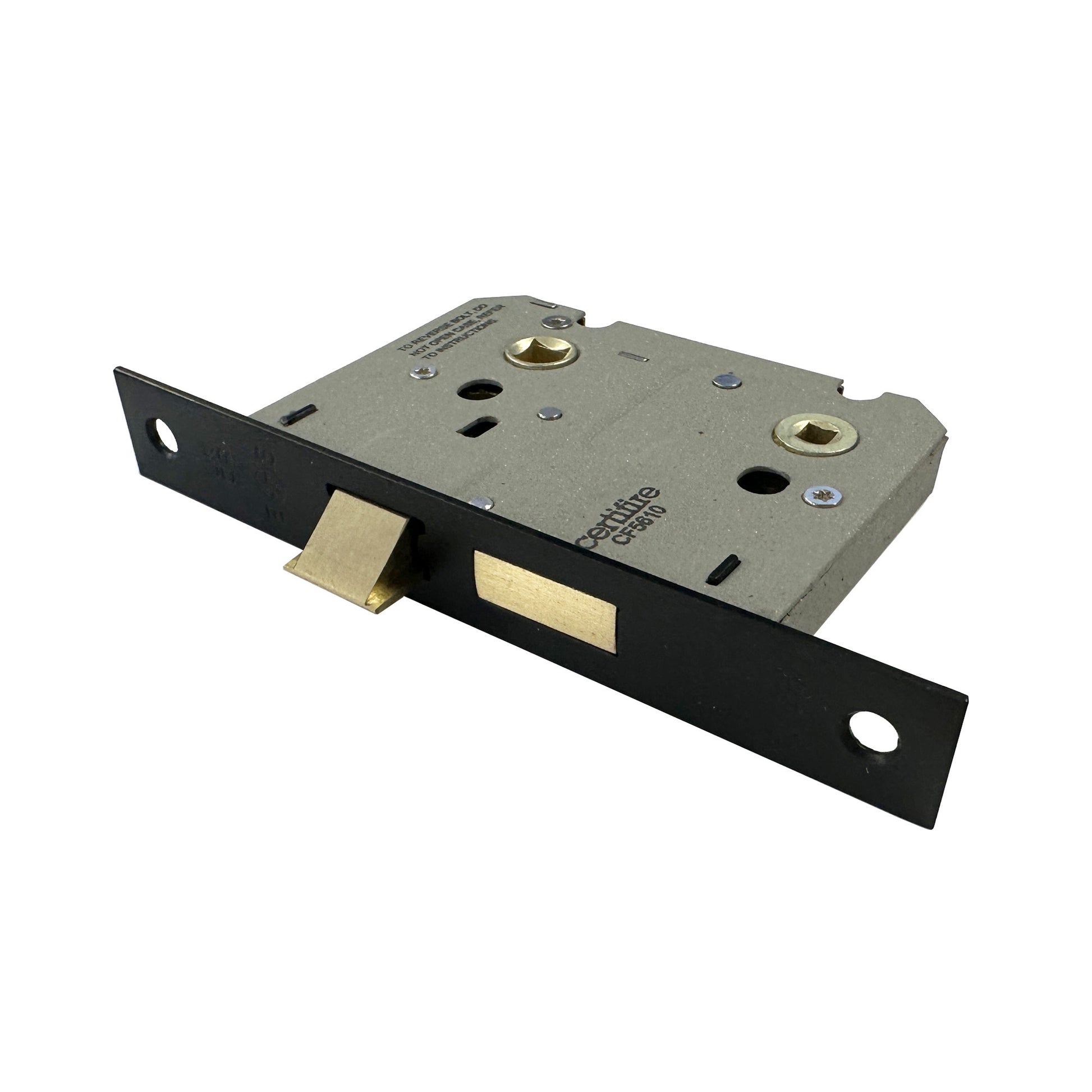 Angled view of a Black WC Bathroom Lock  on a white background.