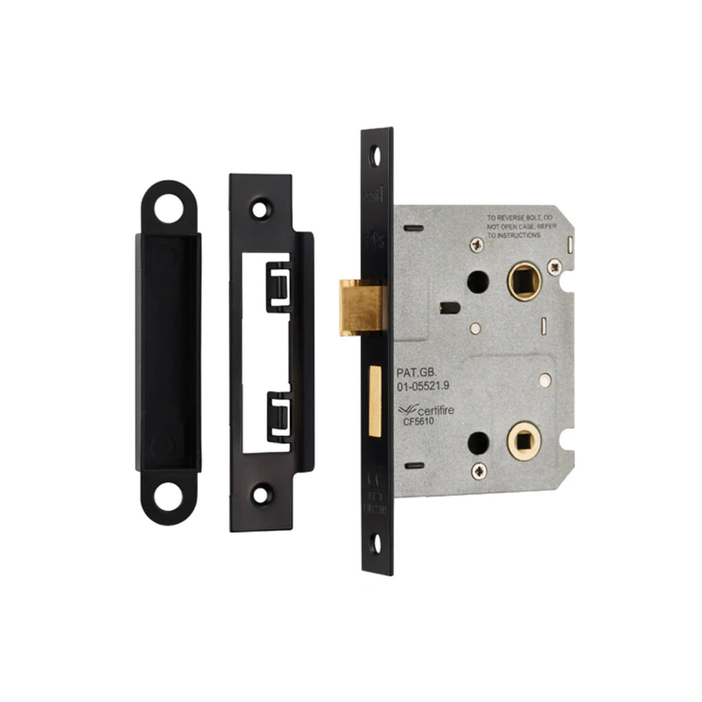 Black WC Bathroom Lock mechanism components on a white background