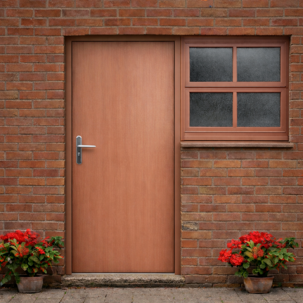 A Blank External FD30 44mm Fire Door in an exterior garage setting
