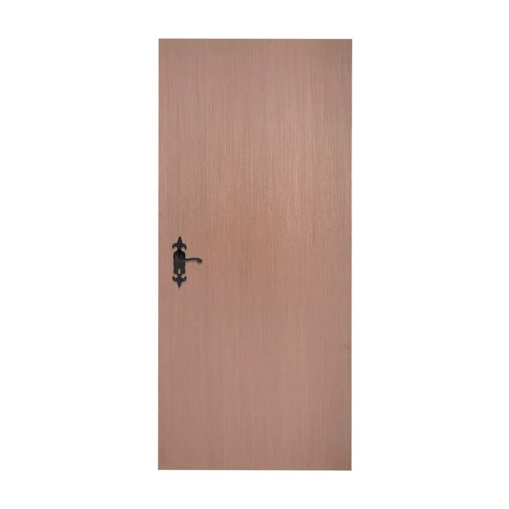 A Blank External FD30 44mm Fire Door with a FDL black backplate door handle  on a white background.