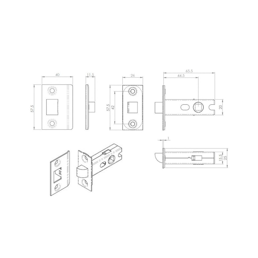 Technical drawing of a 65mm Black Bolt Through Tubular Latch on a white background.