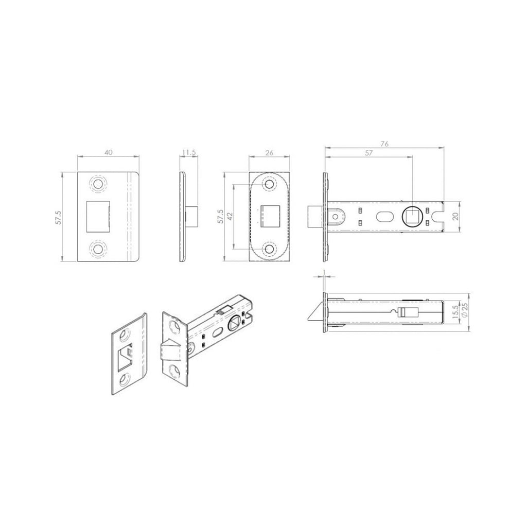 Technical drawing of a 76mm Bolt Through Tubular Latch on a white background.