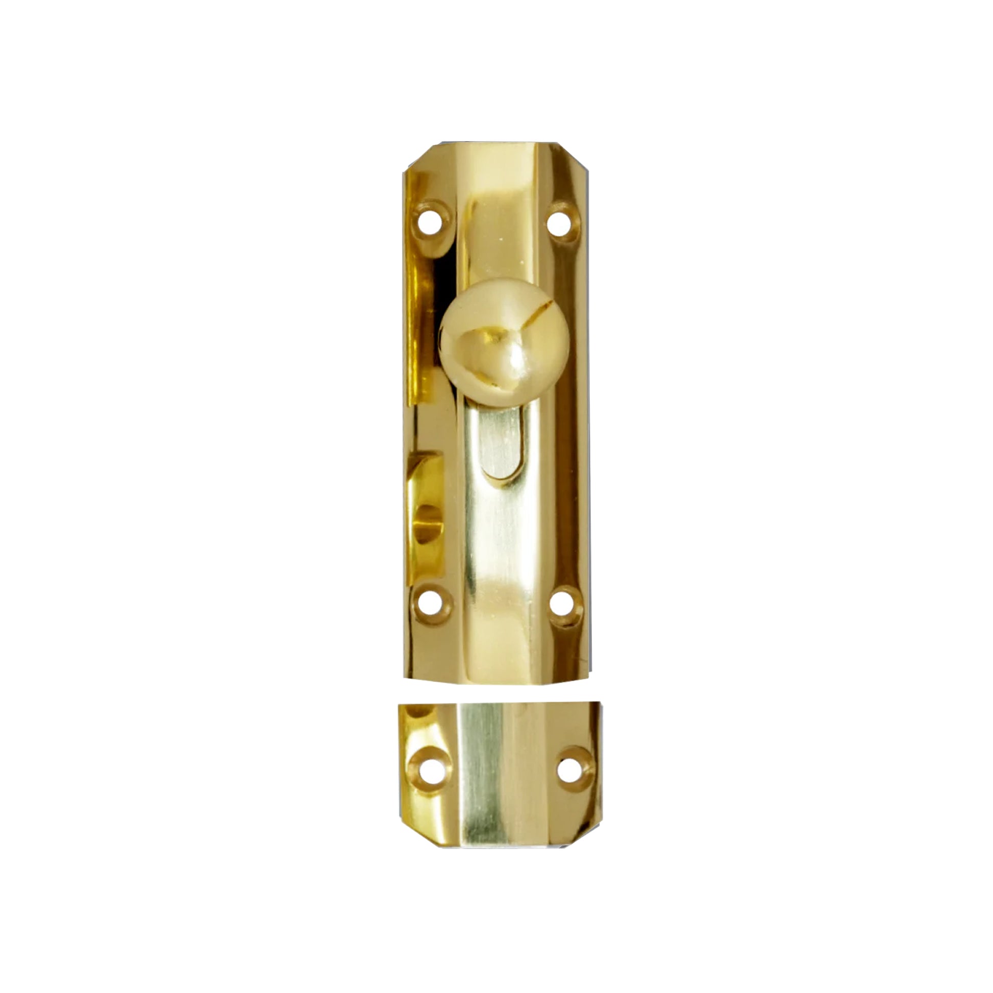 A Brass 4" Surface Bolt on a white background
