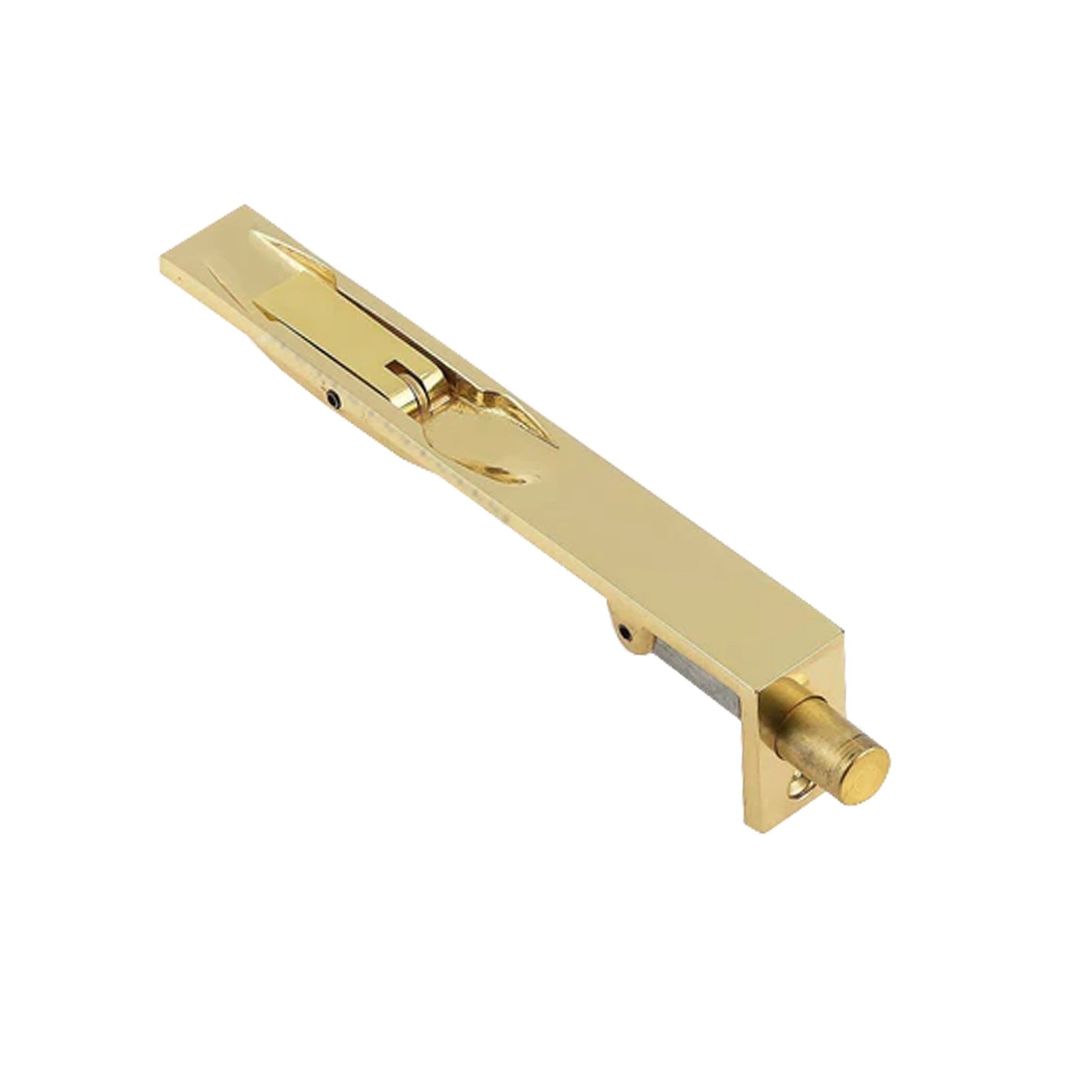 Angled view of a Brass  6" Flush Bolt  on a white background.
