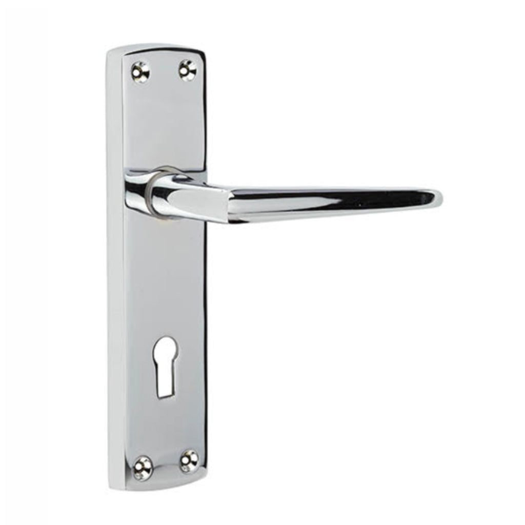 Bray Polished Chrome Lock Backplate Handle on a white background