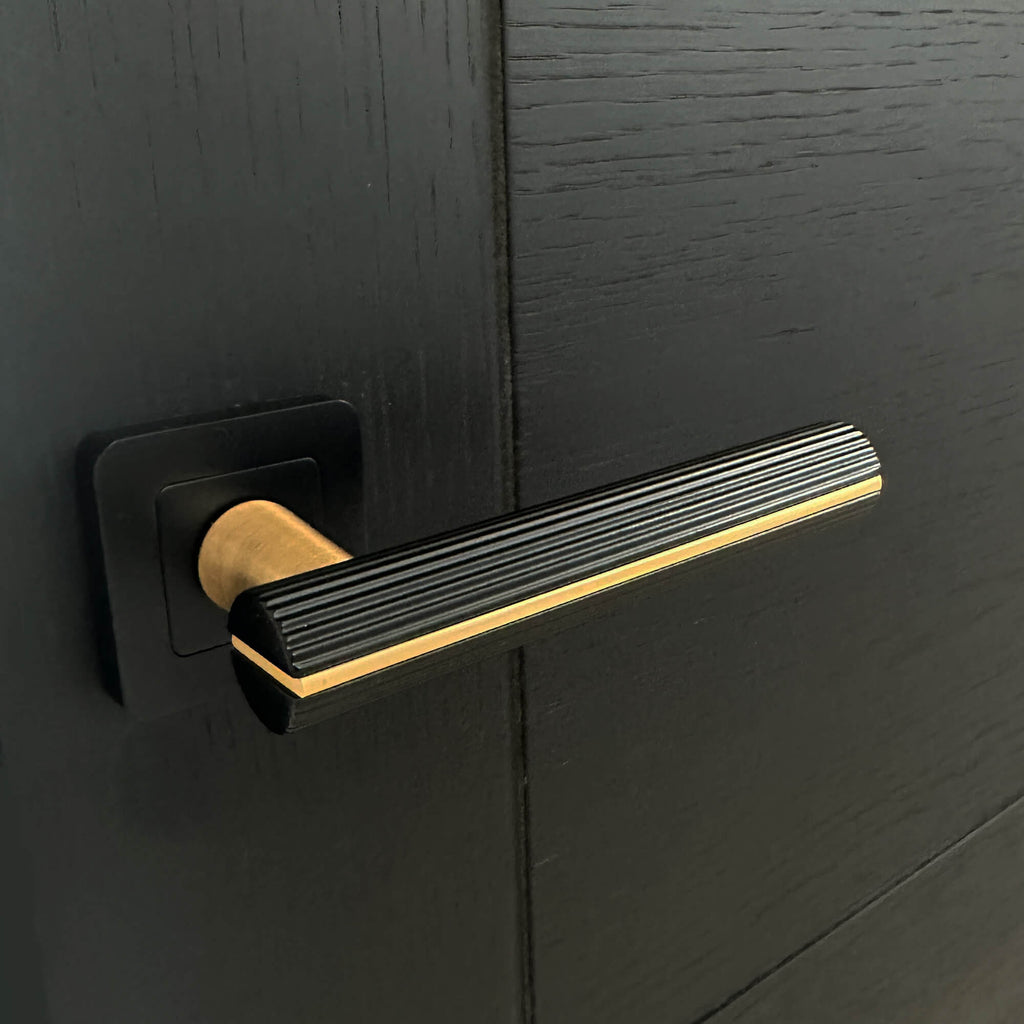 A Calvus Flat Black & Satin Brass Square Rose Handle on a Black Iseo Internal Door