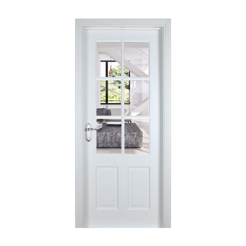 A Cambridge White Primed 6 Lite Pre-glazed 40mm Internal Door on a white background