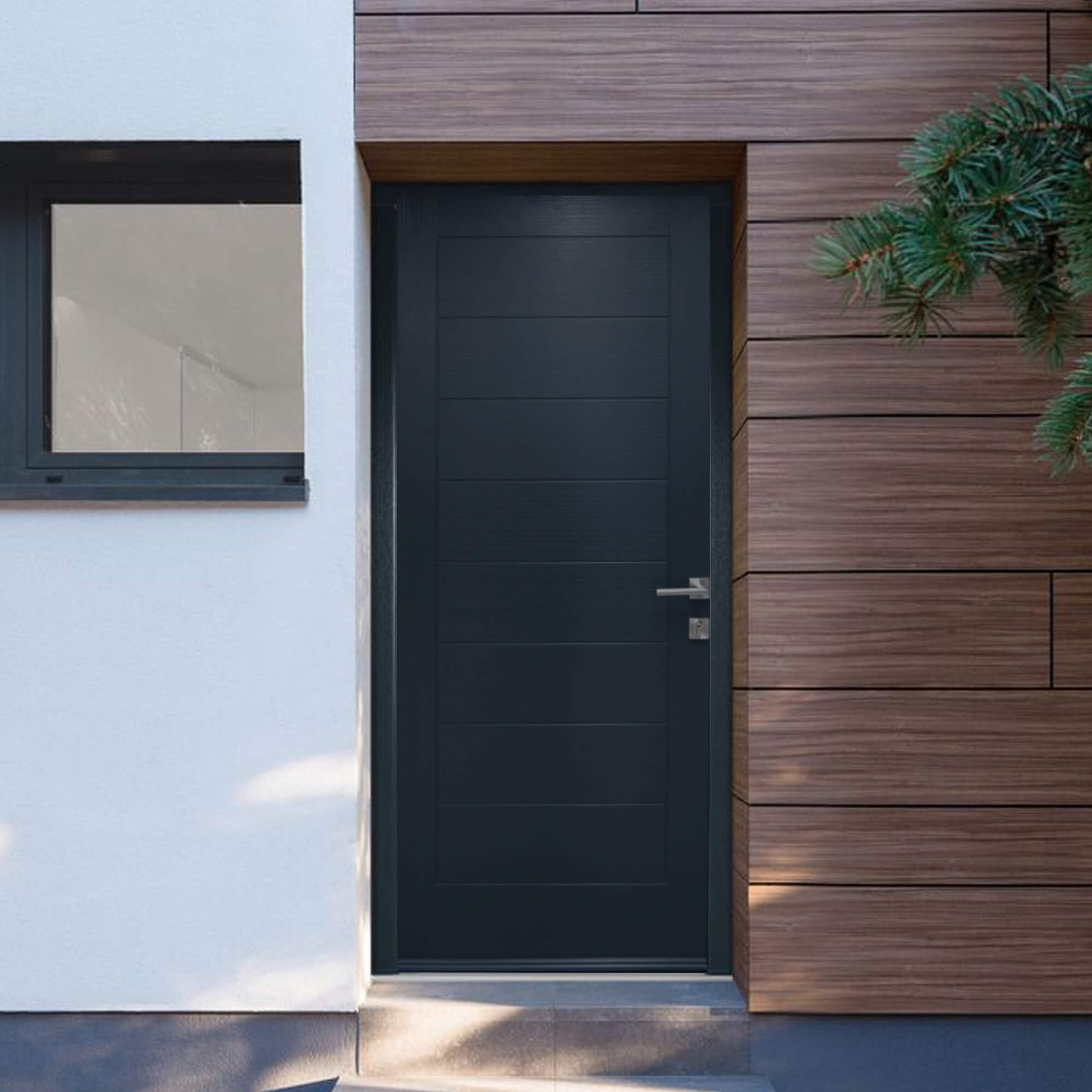 Modern house entrance with a Cannes Anthracite Grey Composite GRP External Front Door and wooden facade.
