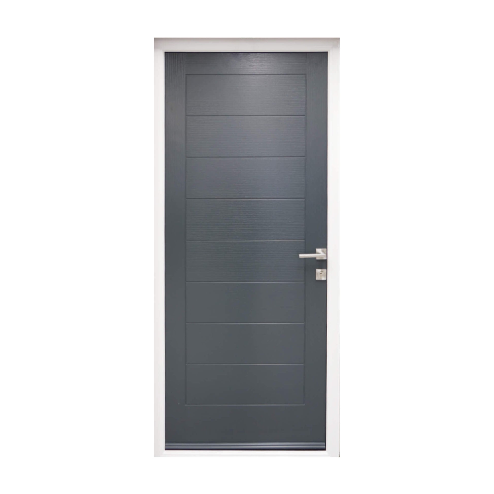 A Cannes Anthracite Grey Composite GRP External Door with a silver handle on a white background.