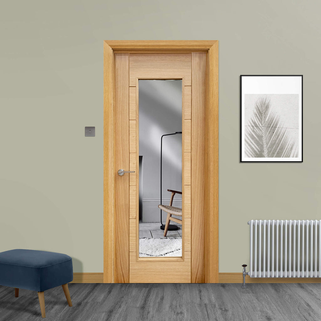 A Carini White Oak 1 Lite Pre-Glazed 35mm Internal Door, with a Velum handle, in a home interior setting.