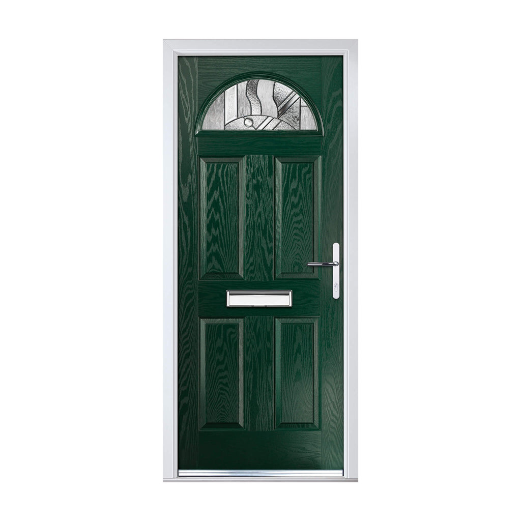 A dark green Carolina Composite GRP Door with decorative glass top panel on a white background