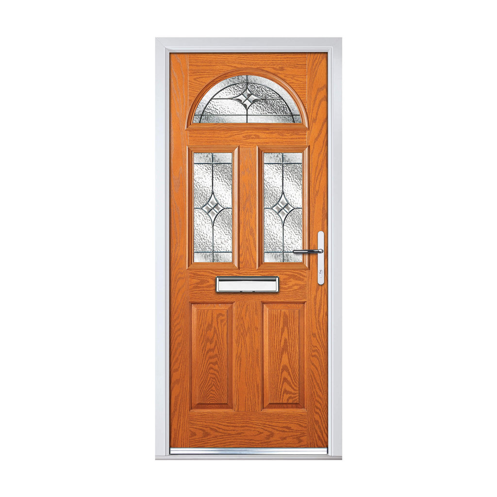 An orange Carolina Composite GRP Door with decorative glass panels and a white frame on a white background