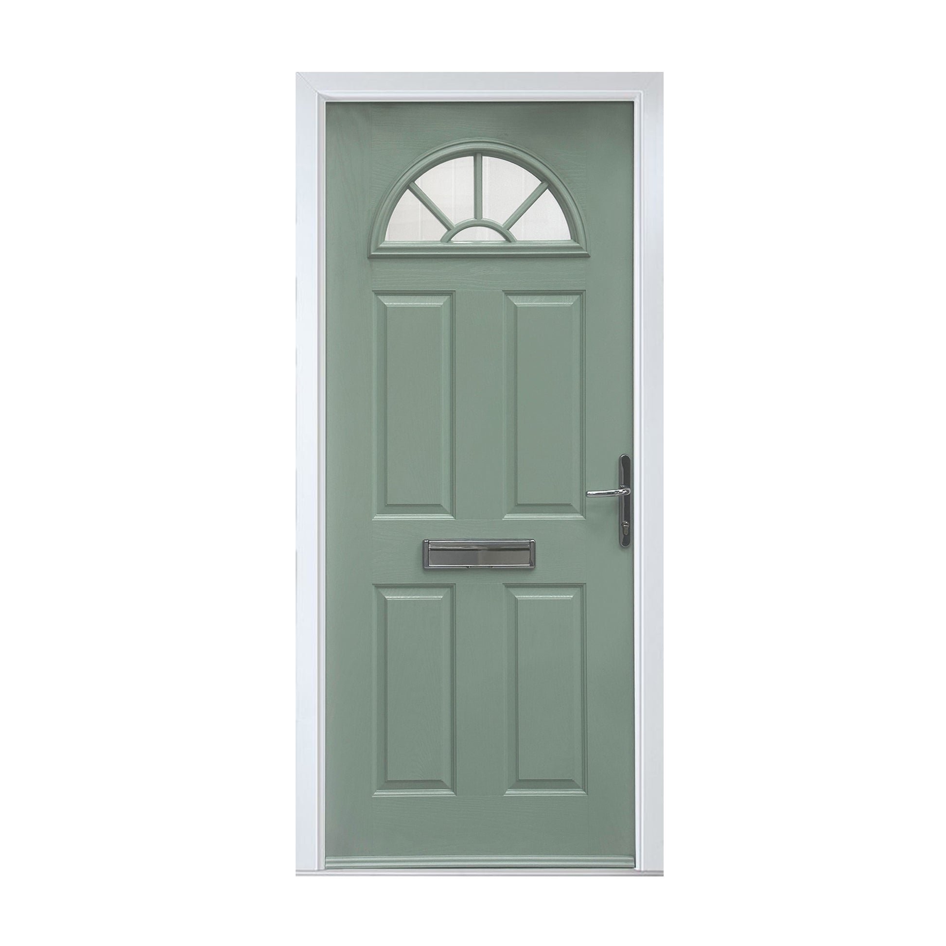 A Chartwell Green Carolina Composite GRP Door with a white frame on a white background