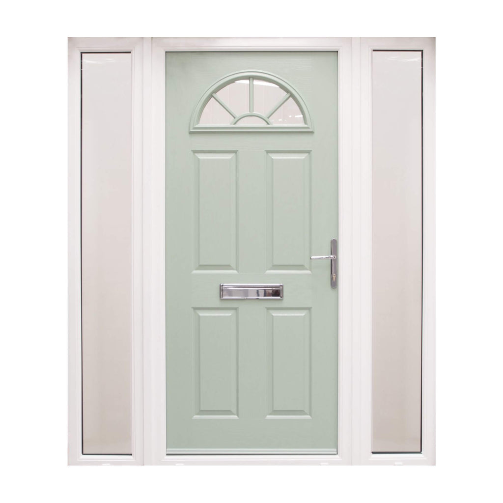 A Chartwell Green Carolina Composite GRP Door with obscure glass panels sidelights on a white background