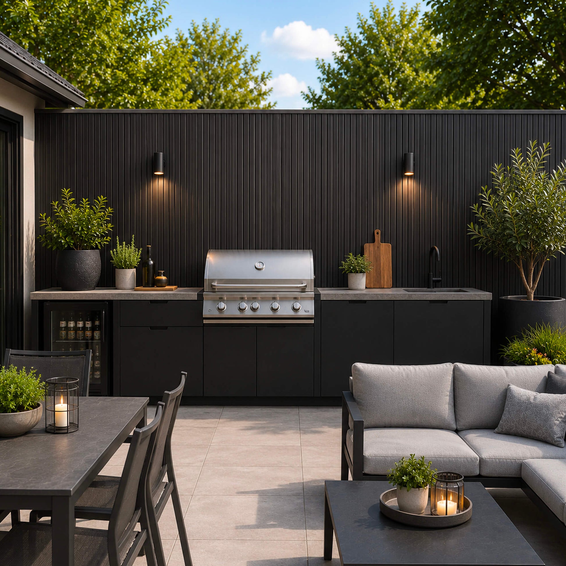 Modern outdoor patio setting with outdoor bbq dining furniture with a Charcoal outdoor slat wall cladding. background.