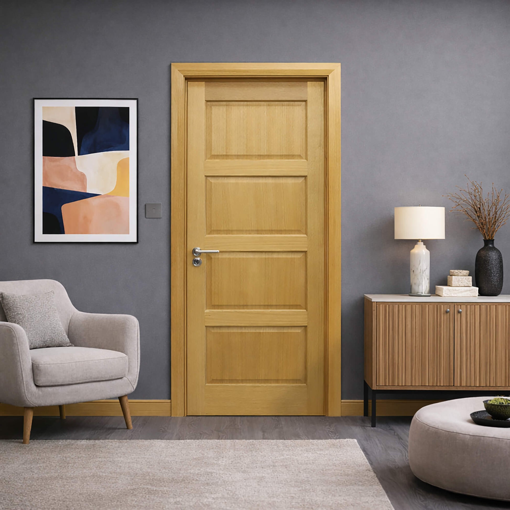 A Contemporary White Oak 4 Panel 40mm Internal Door in a living room interior setting with a modern seat and cupboard.