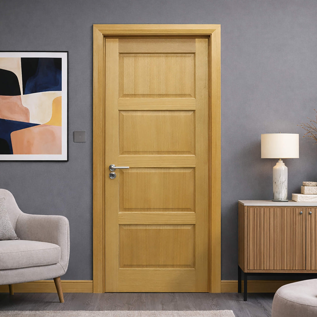 A Contemporary White Oak 4 Panel 40mm Internal Door in a living room interior setting.