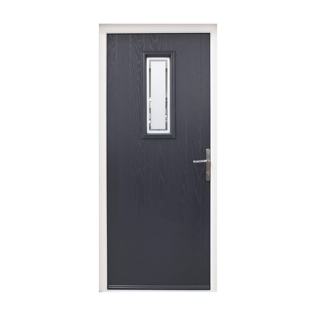 A Dark Grey Contemporary Composite GRP External Door with sandblasted obscure glass panel on a white background